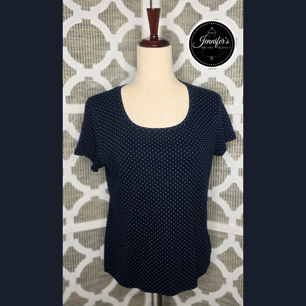 3/$30 Talbots Petite Blue Scoop Neck Polka Dot Short Sleeve Shirt Size Large
